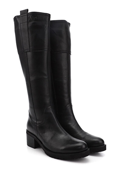 GÖNDERİ(R) Dámské/dívčí černé kozačky na zip na silném podpatku z pravé kůže