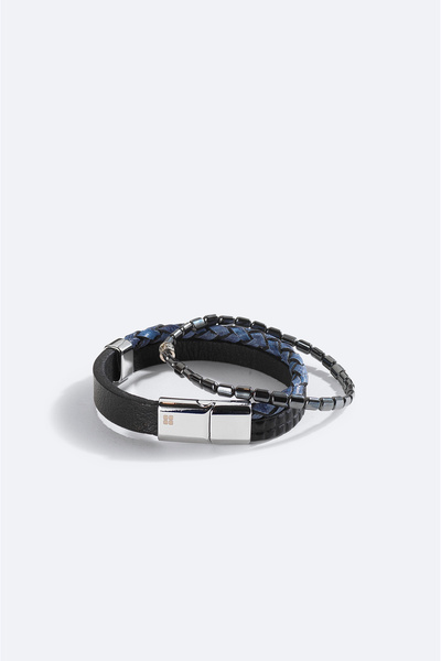 Avva Men's Navy Blue Leather and Hematite and Agate Stone Bracelet A51Y9609