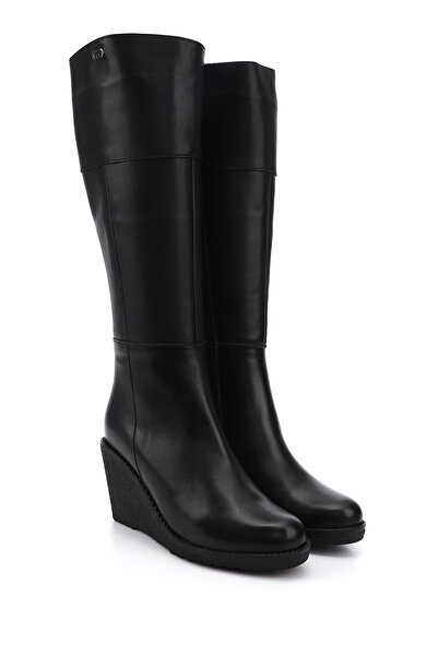 GÖNDERİ(R) Dámské/dívčí černé kozačky na klínovém podpatku z pravé kůže