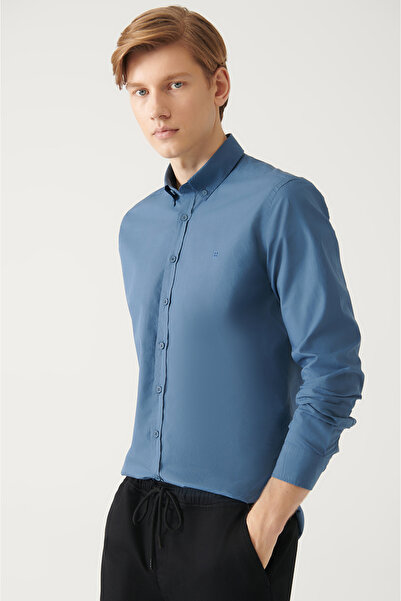 Avva Men's Indigo Buttoned Collar Basic 100% Cotton Shirt B 002030