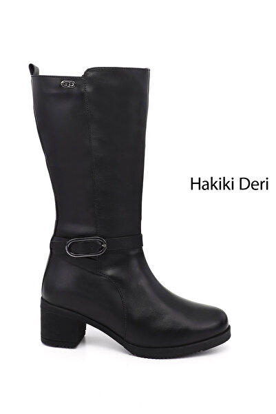 GÖNDERİ(R) Women / Girls Black Thick Heeled Genuine Leather Boots