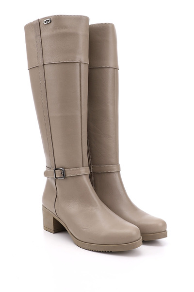 GÖNDERİ(R) Women/Girls Beige Zippered Thick Heeled Genuine Leather Boots