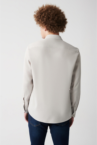 Avva Erkek Açık Gri Düğmeli Yaka Keten Karışımlı Slim Fit Gömlek B002001