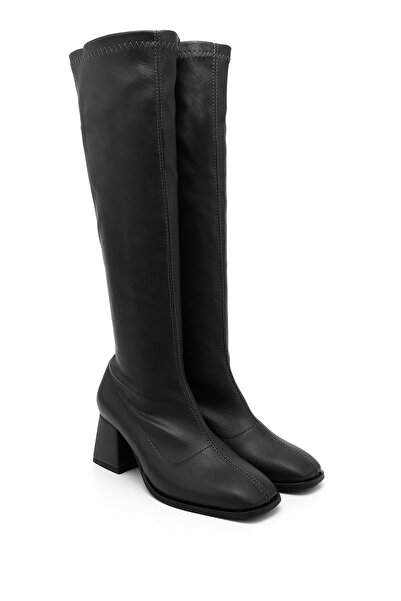 GÖNDERİ(R) Women's Black Leather-Look Zippered Thick Heeled Stretch Boots