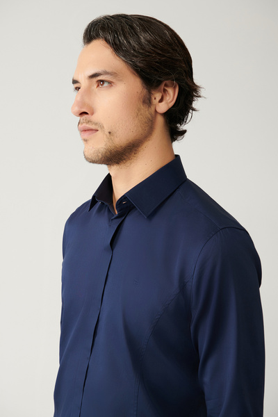 Avva Férfi sötétkék 100% pamut klasszikus galléros szatén karcsúsított ing B002002