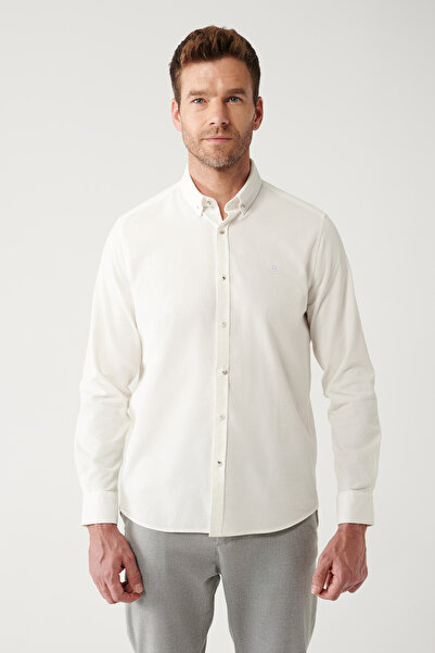 Avva Erkek Ekru Düğmeli Yaka %100 Pamuk Soft Touch Kadife Regular Fit Gömlek B002032