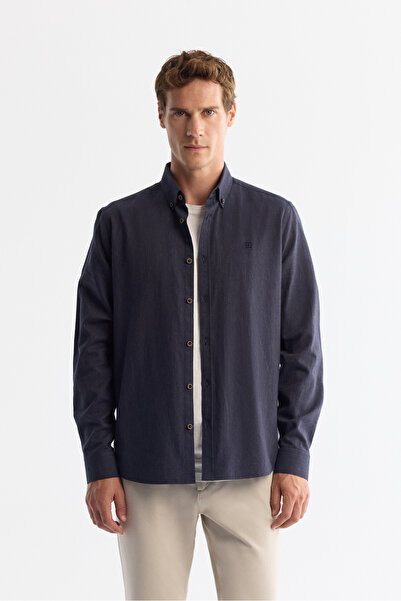 Avva Чоловіча темно-синя сорочка з ґудзиками на комірі, 100% бавовна, прямий крій B002033
