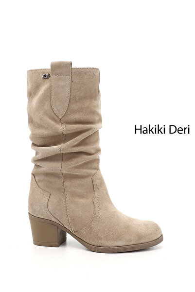 GÖNDERİ(R) Kadın / Kız Bej Süet Kalın Topuklu Körüklü Hakiki Deri Çizme