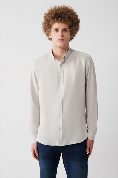 Avva Erkek Açık Gri Düğmeli Yaka Keten Karışımlı Slim Fit Gömlek B002001