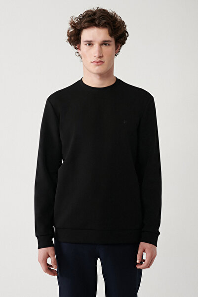 Avva Men's Black Crew Neck Flexible Soft Texture Interlock Fabric Sweatshirt B 001100