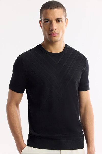 Avva Men's Black Crew Neck Viscose Blended Textured Knit T-Shirt A51Y5163
