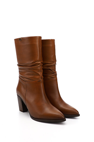 GÖNDERİ(R) Női/lányok barnás antik hegyes orrú, vastag sarkú, valódi bőr csizma