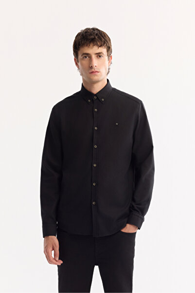 Avva Ανδρικό πουκάμισο με μαύρο γιακά με κουμπιά, βαμβακερό, απαλό στο πάτημα, κανονική εφαρμογή B002036