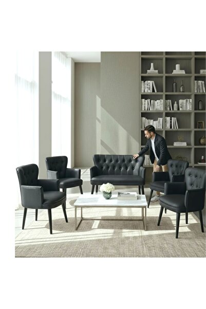 ARYANS HOME Siyah Deri Ahşap Ayaklı Ofis Koltuk Takımı Büro Koltuk Ve Kanepeleri Mobilyası(1 ikili 4 Tekli )