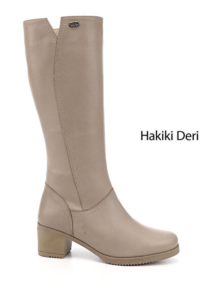 GÖNDERİ(R) Women/Girls Beige Zippered Thick Heeled Genuine Leather Boots