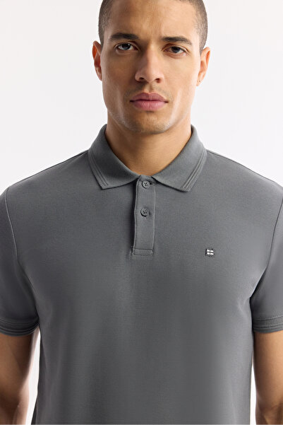 Avva Men's Anthracite Non-Curling Polo Neck 100% Cotton Basic Regular Fit T-Shirt B001032