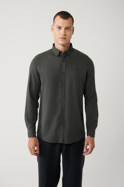 Avva Erkek Antrasit Düğmeli Yaka Keten Karışımlı Slim Fit Gömlek B002001