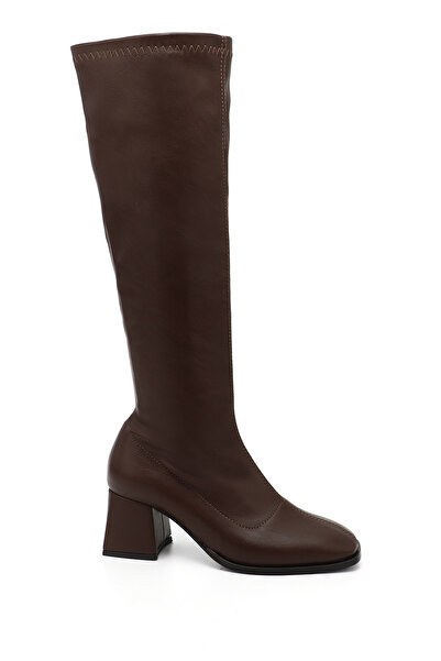 GÖNDERİ(R) Women / Girls Brown Leather-Look Zippered Thick Heeled Stretch Boots