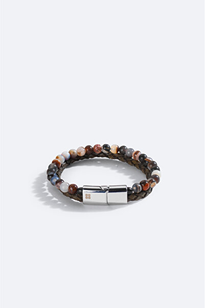 Avva Men's Anthracite 100% Leather and Agate Stone Bracelet A51Y9604