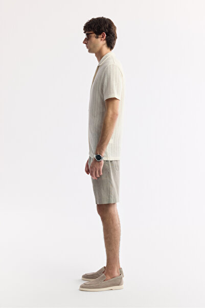 Avva Erkek Ekru Apaj Yaka Jakarlı Keten Karışımlı Kısa Kol Regular Fit Gömlek A51Y2207