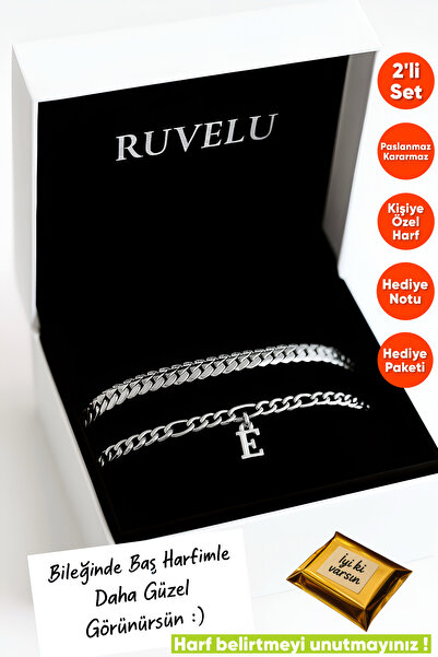 ruvelu 2'li Harfli Paslanmaz | Kararmaz | Unisex | Çelik Bileklik Seti - Sevgili,Çift,Arkadaş Bilekliği