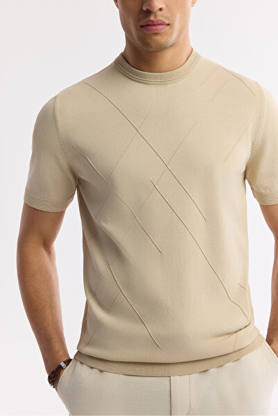 Avva Men's Beige Crew Neck Rayon Knitwear Regular Fit T-Shirt A51Y5003