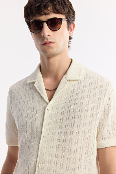 Avva Erkek Ekru Apaj Yaka Jakarlı Keten Karışımlı Kısa Kol Regular Fit Gömlek A51Y2207