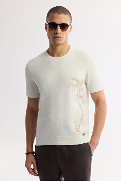 Avva Ανδρικό μπλουζάκι από βαμβακερό πλεκτό με λαιμόκοψη εκρού, κανονική εφαρμογή A51Y5012