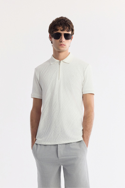 Avva Men's White Polo Neck Jacquard Regular Fit T-Shirt A51Y1090