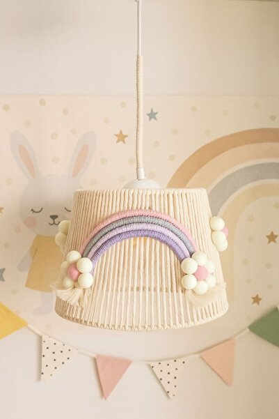 C&A&B KUZEY AVİZE EKRU MAKROME İP SARGI ÇİÇEK APLİKE PONPONLU TASARIM KIZ BEBEK KIZÇOCUK-GENÇ ODASI SARKIT AVİZE