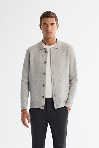 Avva Men's Light Gray Polo Neck Wool Blend Kangaroo Pocket Knitwear Regular Fit Cardigan A42Y5141