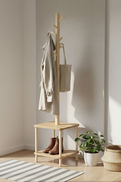 Evnalia 8 Askılı Portmanto Komodinli Ayakkabılık Vestiyer Naturel Ağaç Antre Ev Ofis 170x35x35 Cm