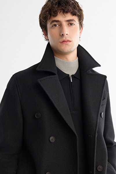 Avva Erkek Siyah Kruvaze Kapama Yandan Cepli Yün Karışımlı Astarlı Kaşe Comfort Fit Kaban A42Y6065