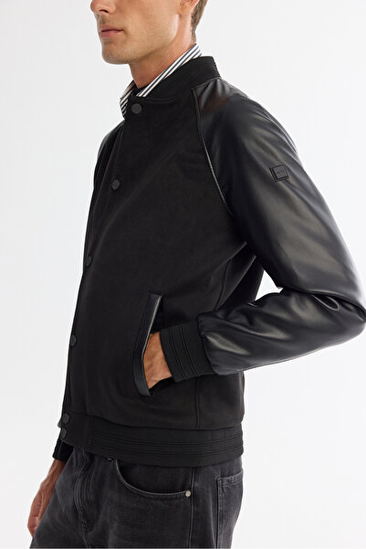 Avva Чоловічий чорний бомбер з коміром із замші, комфортний крій, куртка A42Y6028