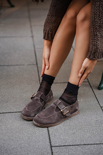 diclepolat Cass Genuine Leather Women's Loafer with Gold Adjustable Buckle Detail - Mink Genuine Suede