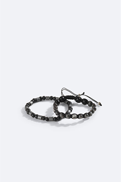 Avva Men's Black Stone Ceyt and Hematite Stone Bracelet A42Y9617