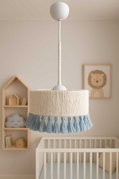 C&A&B KUZEY AVİZE Ekru Makrome Ip Sargı Gri Saçaklı Tasarım Bebek -çocuk-genç Odası Tasarım Sarkıt Avize