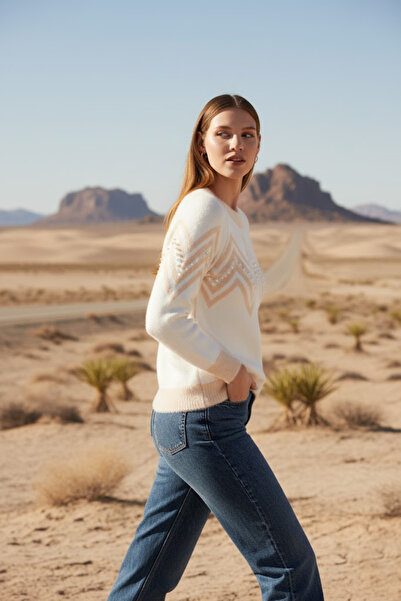 Brevia Ecru Stone Embroidery Detail Long Sleeve Women's Angora Knitwear Sweater