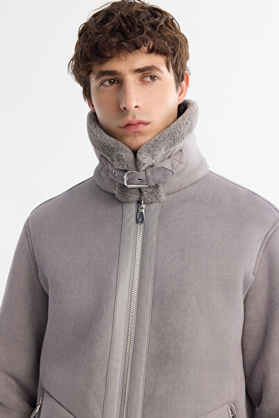 Avva Men's Gray Fur Collar Leather Look Napa Comfort Fit Coat A42Y6128