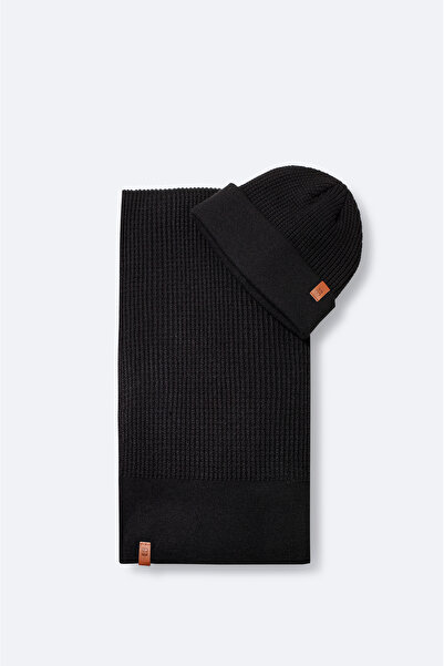 Avva Men's Black Jacquard Knitwear Scarf Beret Set A42Y9220