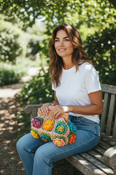 Satürn Hobi Örgü Ahşap Burslu Gül Motifli Clutch Çanta