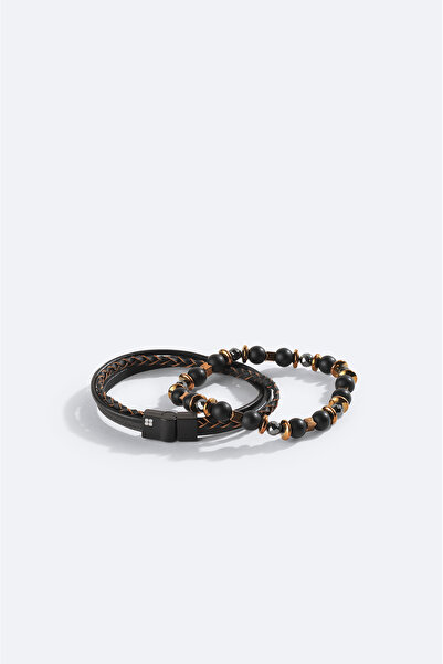 Avva Men's Brown Leather Ceyt and Hematite Stone Bracelet A42Y9618