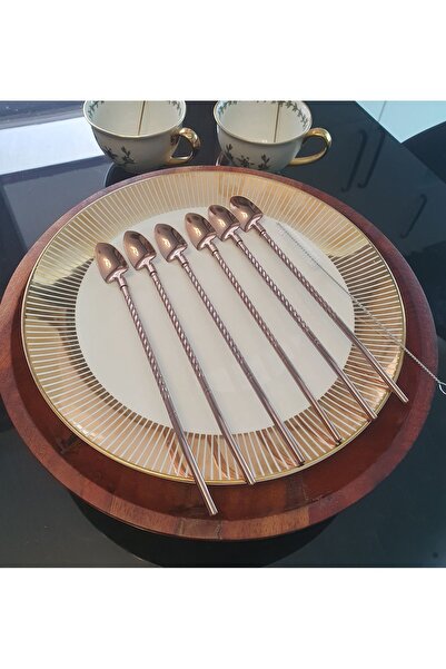 LOVYCO Set of 6 Stainless Cocktail Bar Spoons with Straws and Cleaning Brush, Latte Spoon with Straw 22 Cm