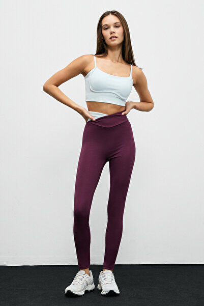 Urban Beat Julsen Women's Soft and Flexible Textured Asymmetrical Contrast Waist Detailed Burgundy Leggings