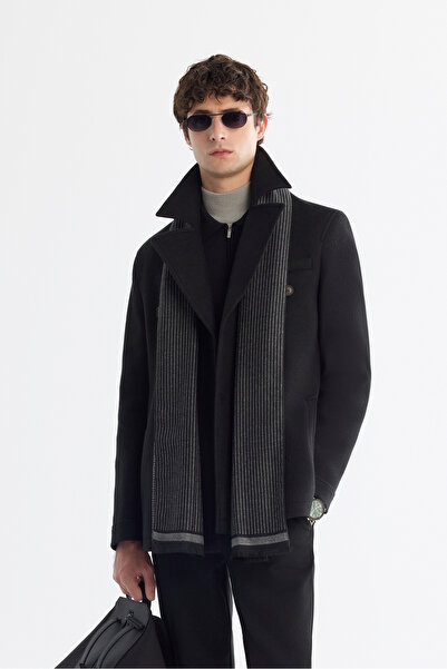 Avva Erkek Siyah Kruvaze Kapama Yandan Cepli Yün Karışımlı Astarlı Kaşe Comfort Fit Kaban A42Y6065