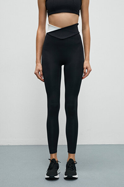 Urban Beat Julsen Women's Soft and Flexible Textured Asymmetrical Contrast Waist Detailed Black - White Leggings