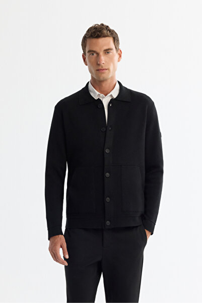 Avva Men's Black Polo Neck Wool Blend Kangaroo Pocket Knitwear Regular Fit Cardigan A42Y5141