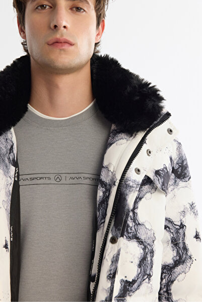Avva Men's Black-White Departure Hooded Water Repellent Windproof Fur Detailed Ski Jacket A42Y6088