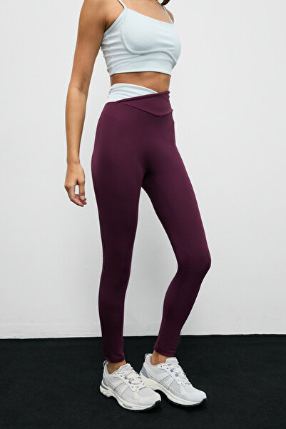 Urban Beat Julsen Women's Soft and Flexible Textured Asymmetrical Contrast Waist Detailed Burgundy Leggings