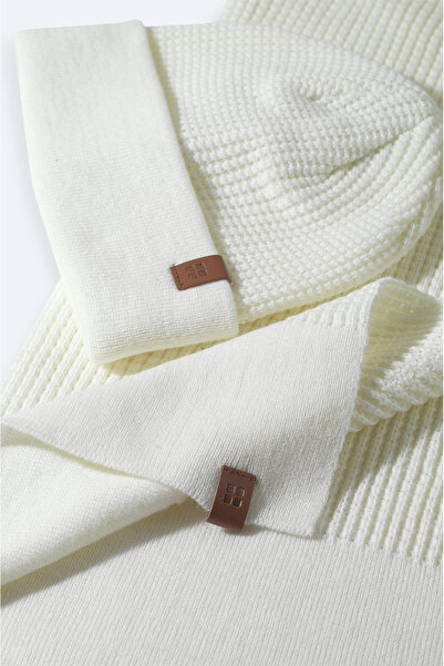 Avva Men's Ecru Jacquard Knitwear Scarf Beret Set A42Y9220